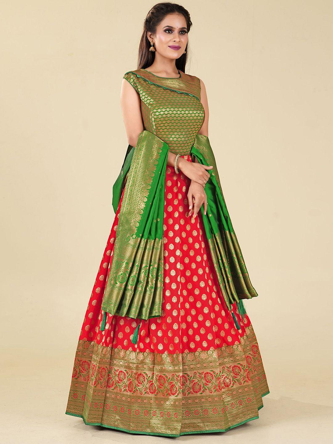 odette colourblocked sleeveless fit & flare banarasi silk ethnic dress with dupatta