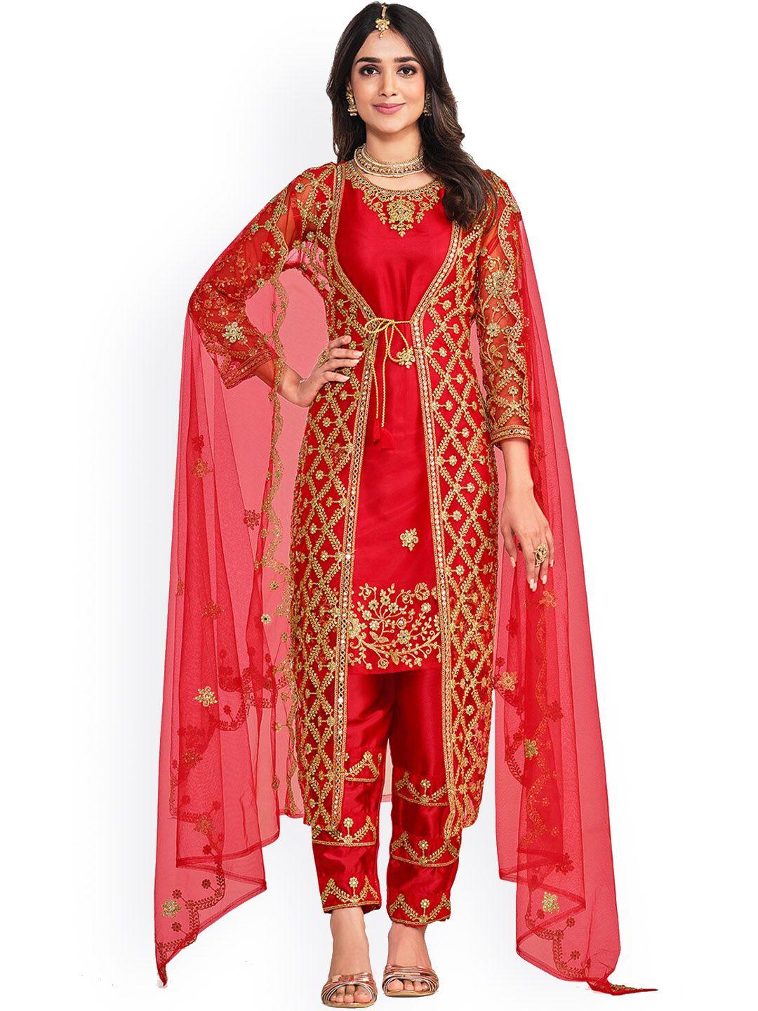 odette embroidered mirror work kurta, trousers with dupatta & jacket