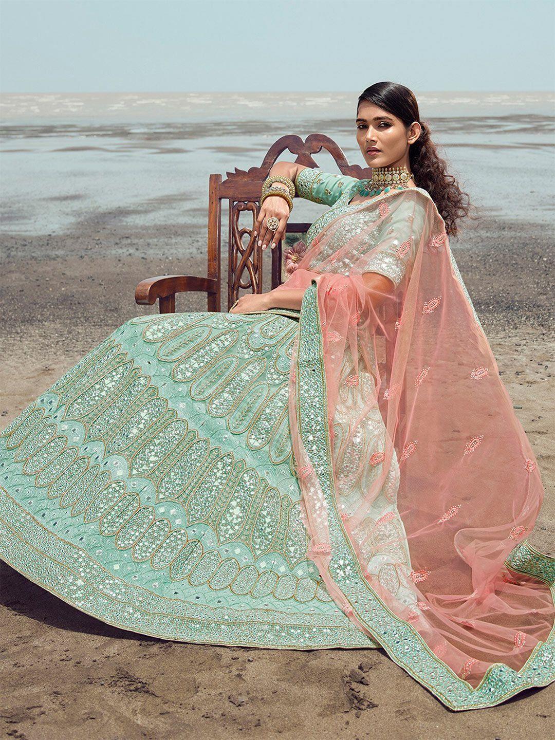 odette embroidered mirror work semi-stitched lehenga & unstitched blouse with dupatta