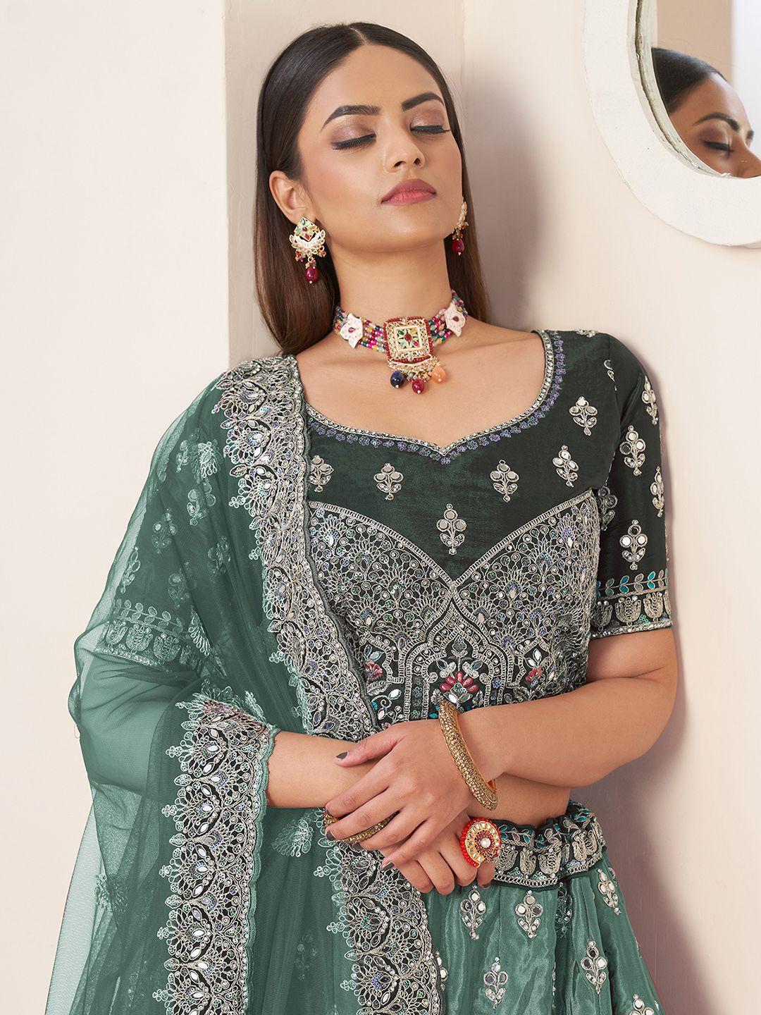 odette embroidered mirror work semi-stitched lehenga & unstitched blouse with dupatta