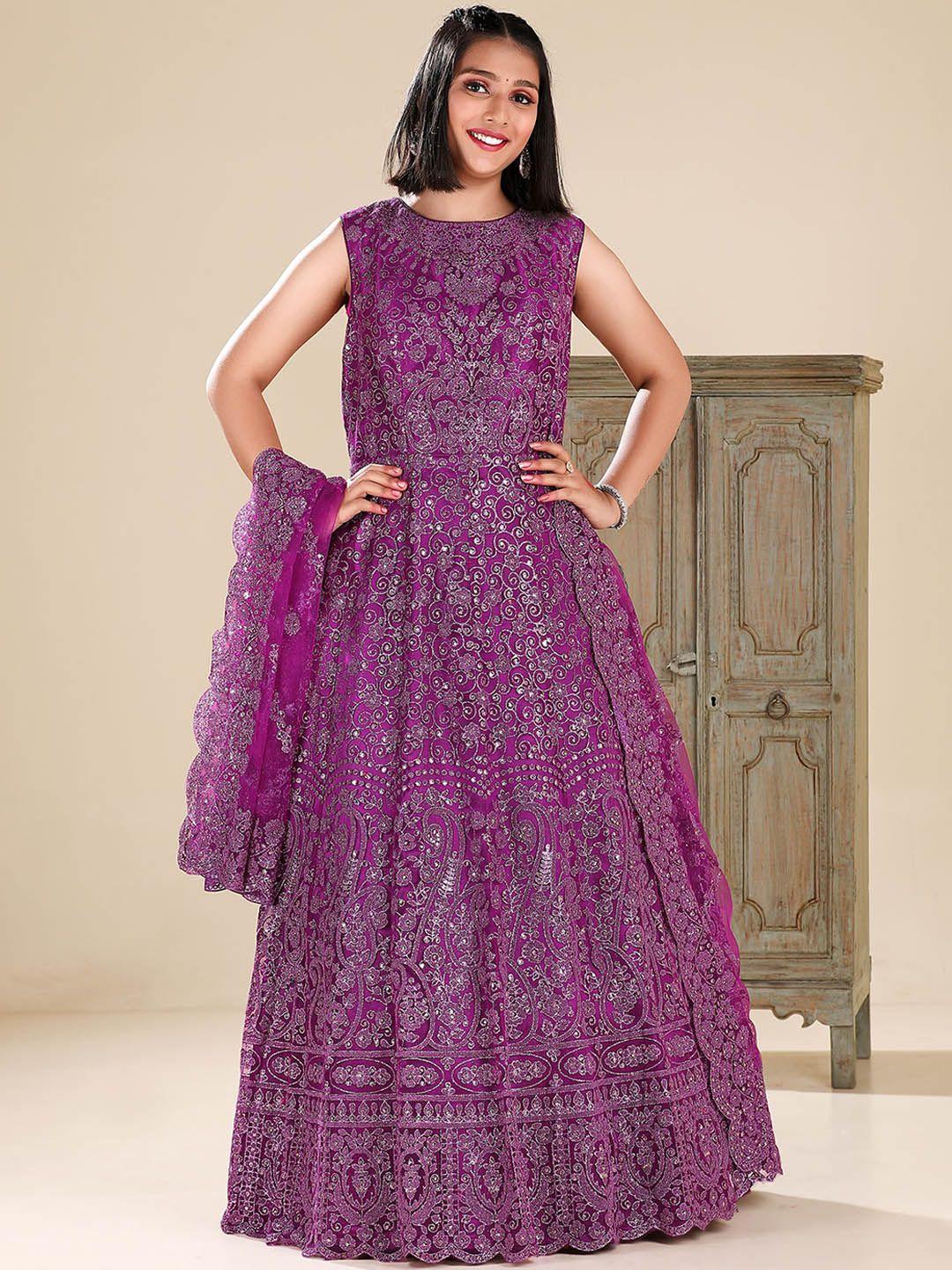 odette embroidered net fit & flare maxi ethnic dress with dupatta