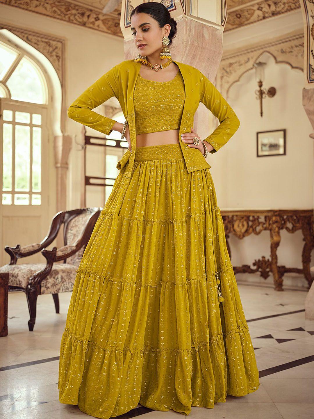 odette embroidered semi-stitched lehenga & unstitched blouse with jacket