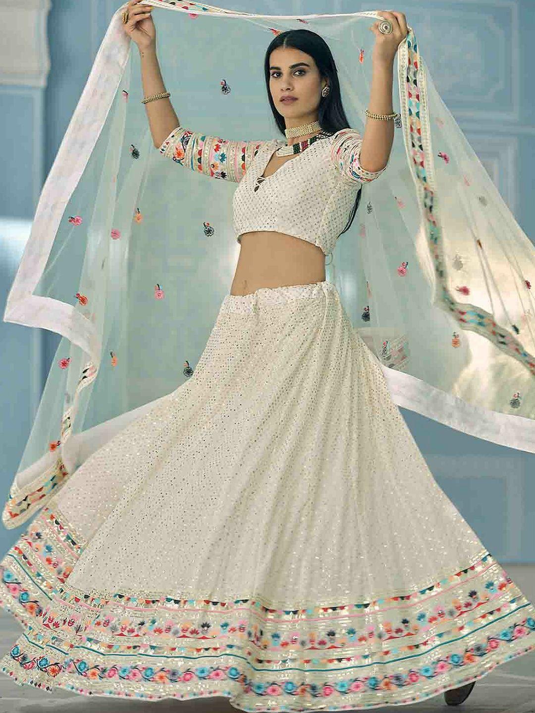 odette embroidered thread work semi-stitched lehenga & unstitched blouse with dupatta