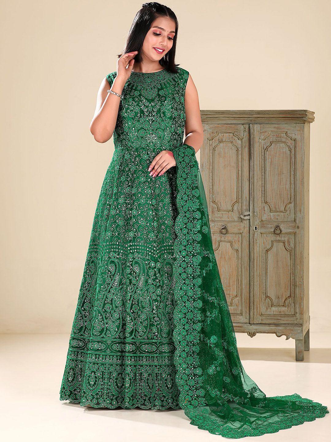 odette ethnic motif embroidered fit & flare net ethnic dress with dupatta