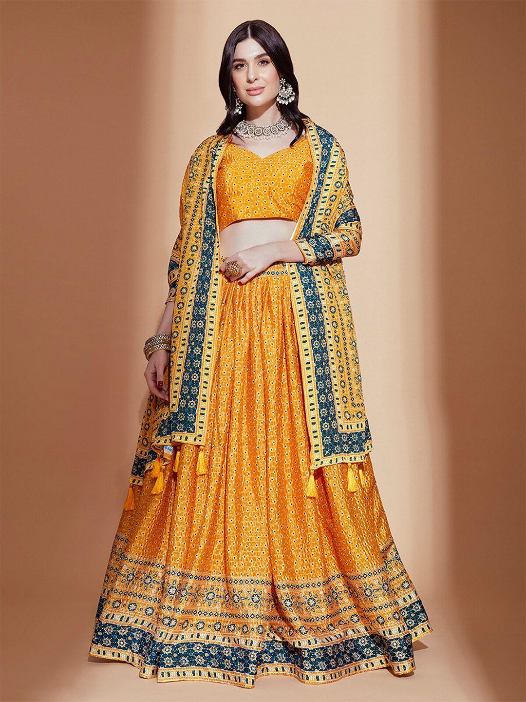 odette ethnic motif printed semi-stitched lehenga & blouse with dupatta