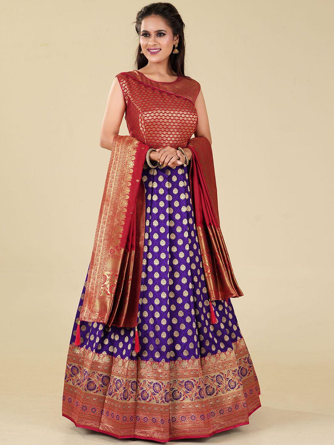 odette ethnic motif woven design silk maxi banarasi fit & flare ethnic dress with dupatta