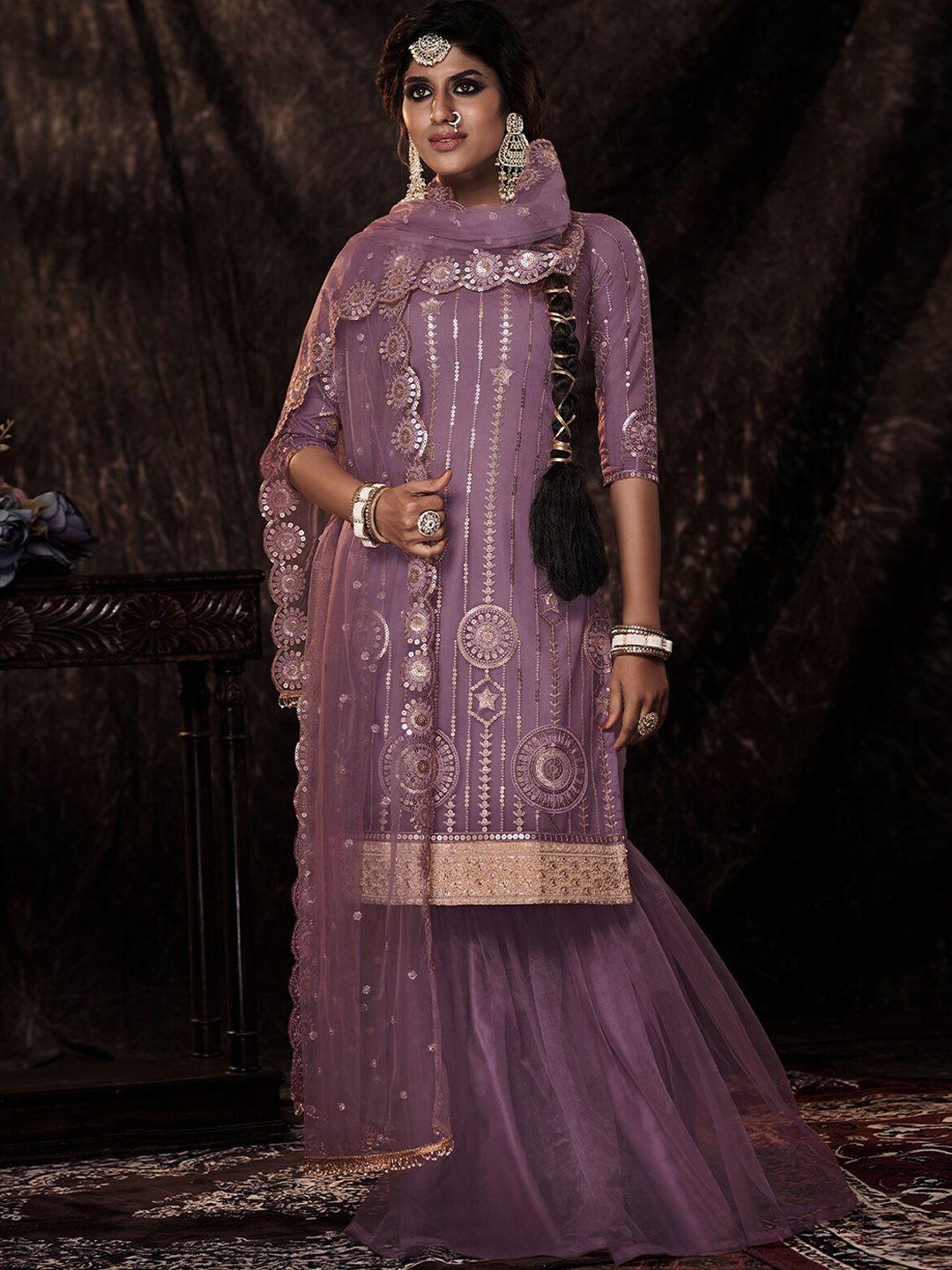 odette ethnic motifs embroidered regular sequinned kurta with sharara & with dupatta