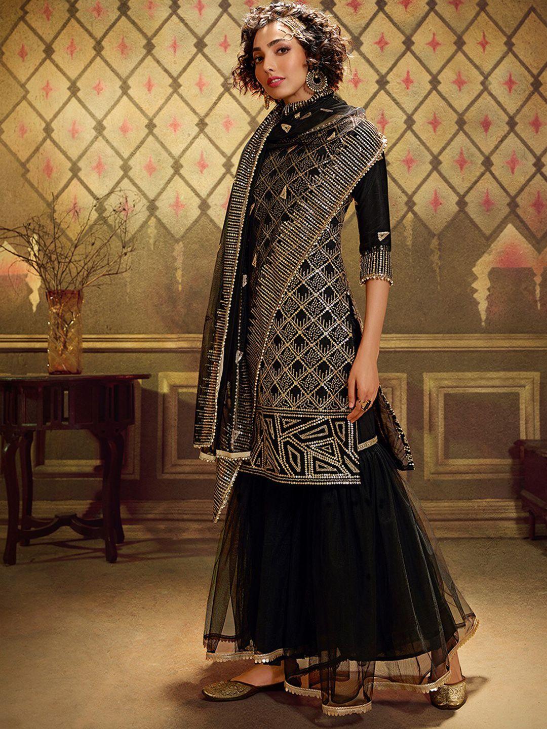 odette ethnic motifs embroidered sequinned kurta with sharara & dupatta