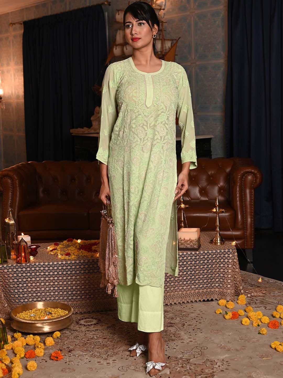 odette ethnic motifs embroidered straight chikankari kurta