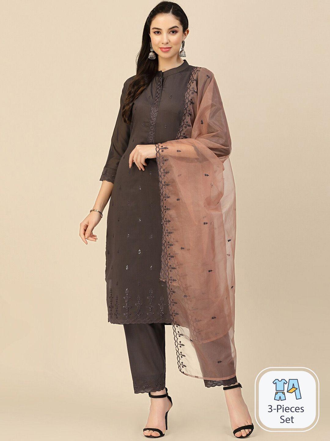 odette ethnic motifs embroidered straight kurta with trousers & dupatta