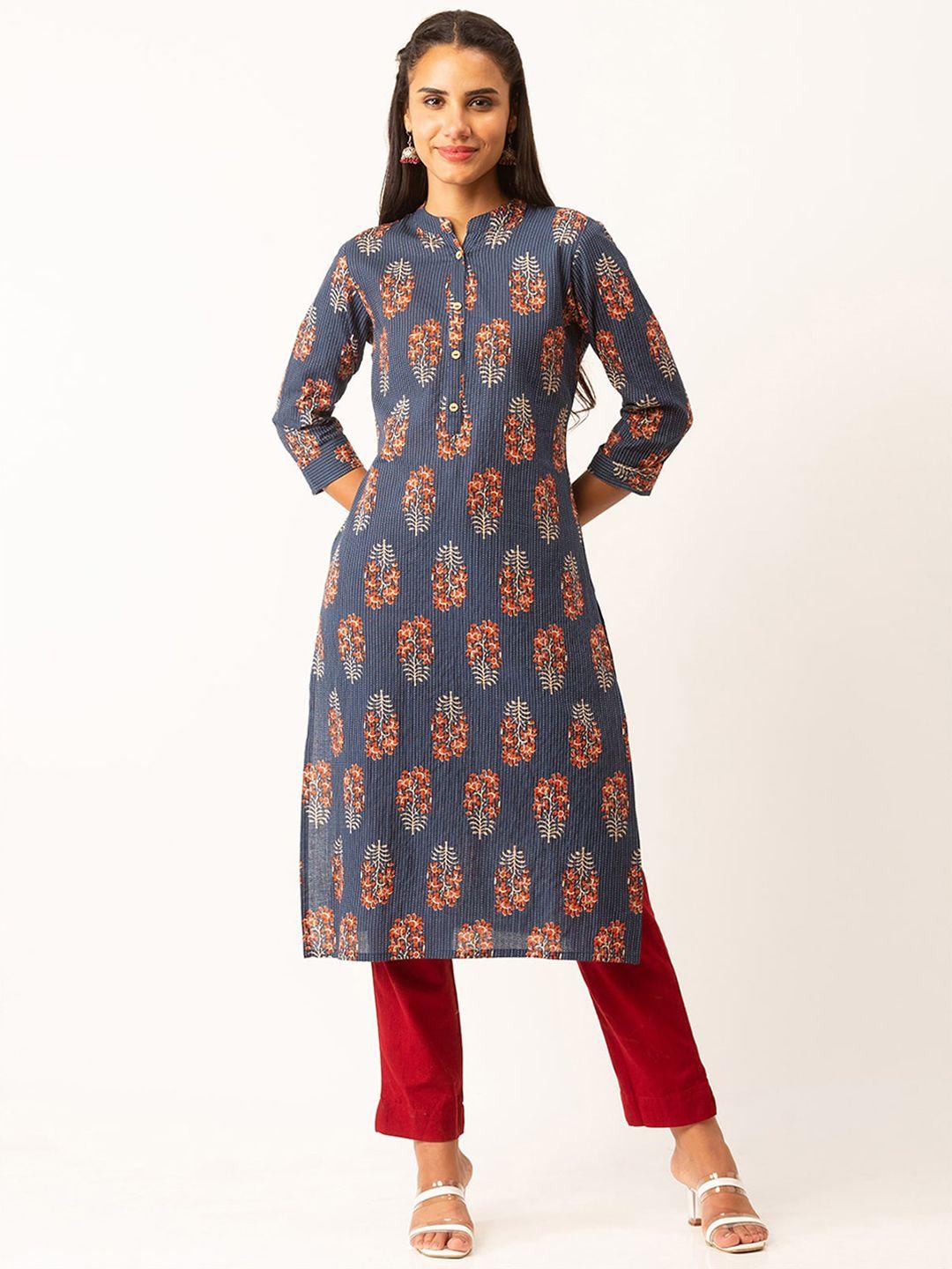 odette ethnic motifs printed madarin collar cotton kurta