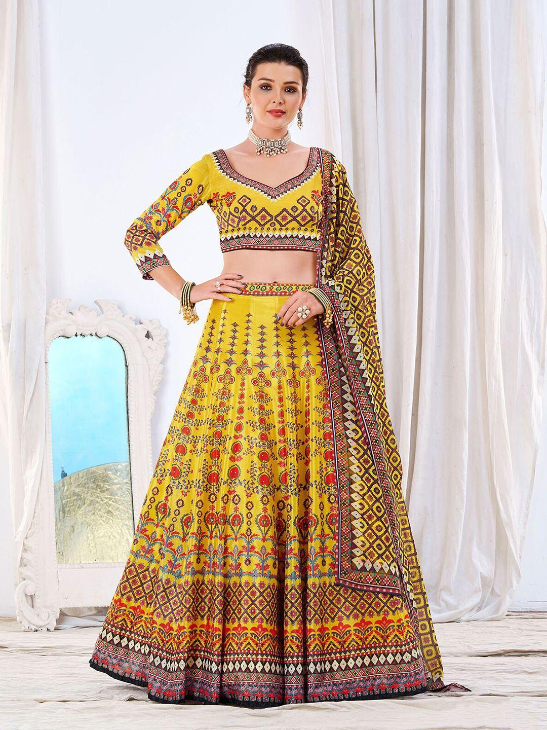 odette ethnic motifs printed semi-stitched lehenga & unstitched blouse with dupatta