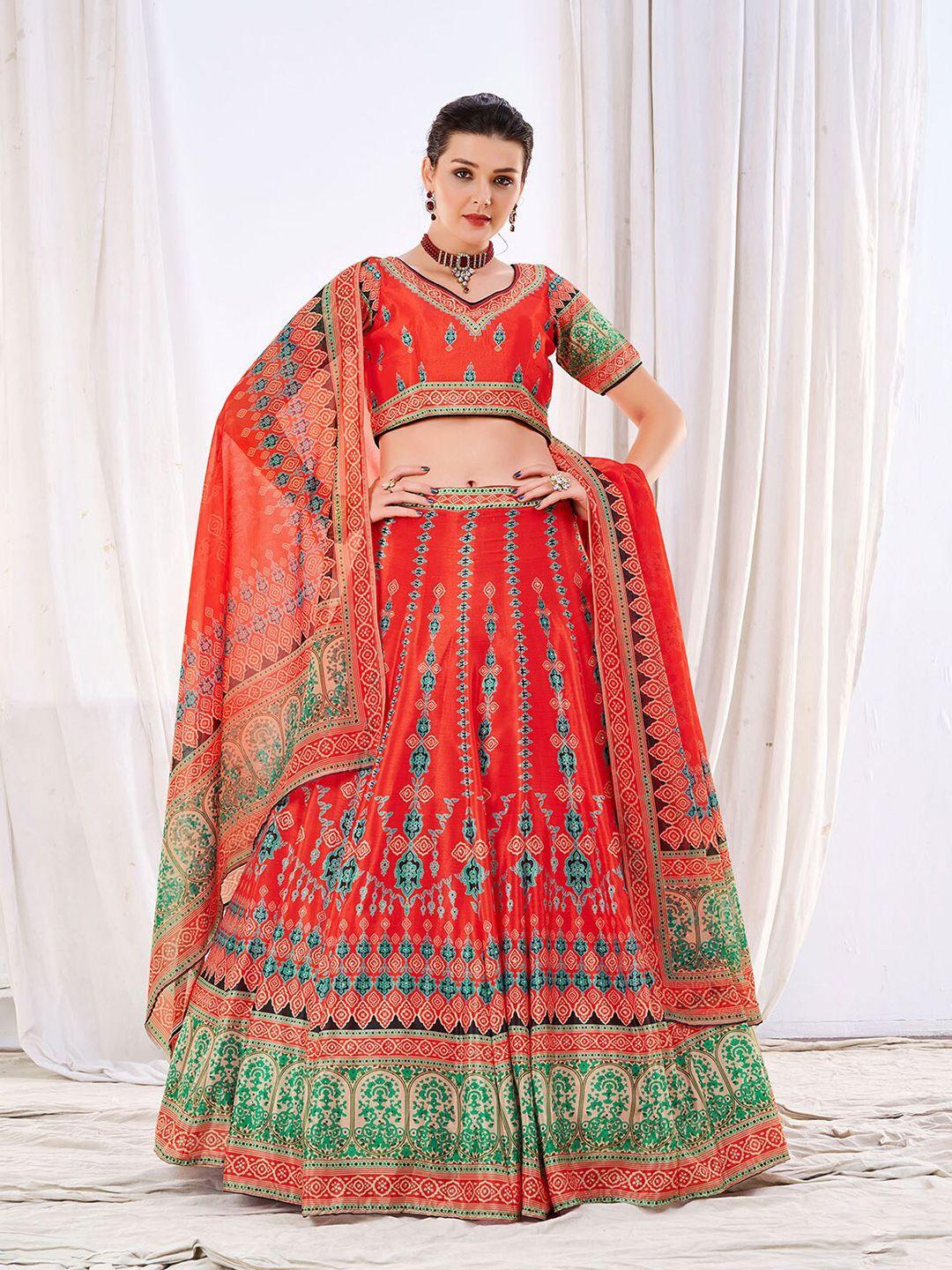 odette ethnic motifs printed semi-stitched lehenga & unstitched blouse with dupatta