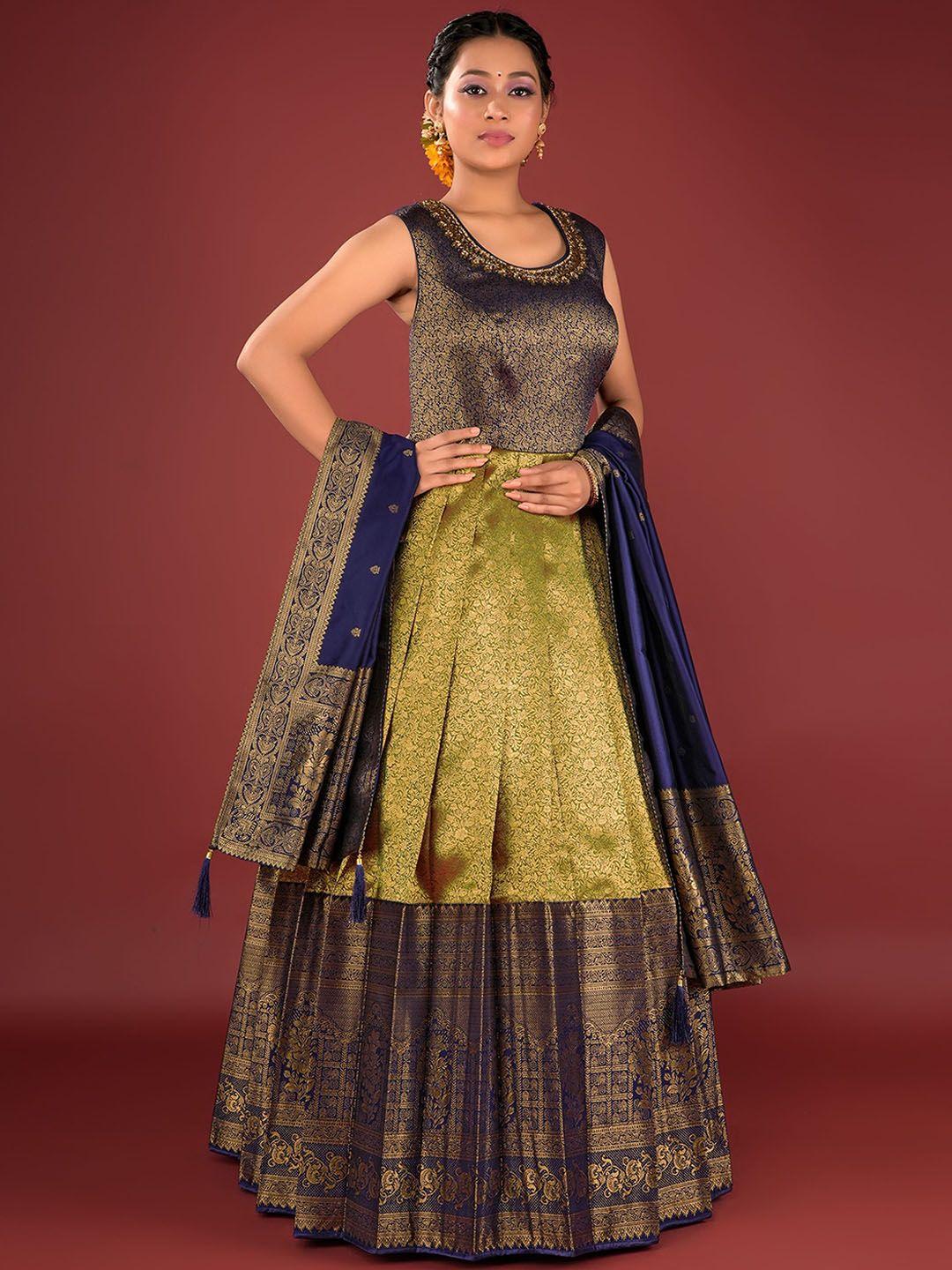 odette ethnic woven design banarasi silk fit & flare maxi ethnic dress with dupatta