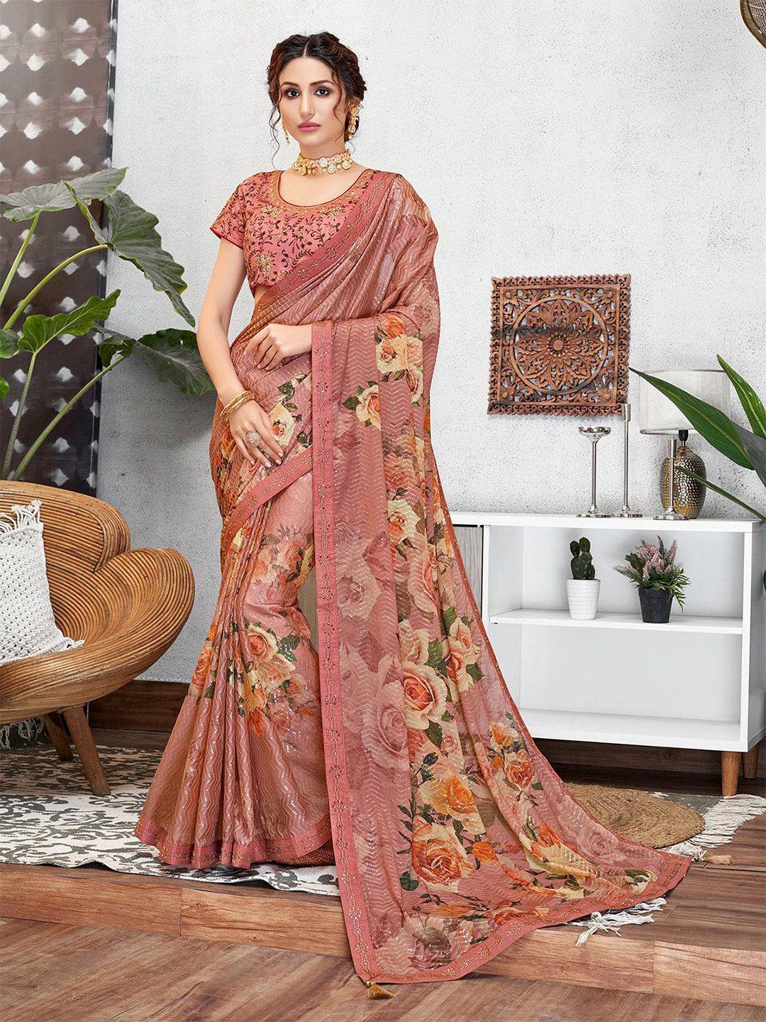 odette floral embellished sequinned silk blend saree with blouse piece