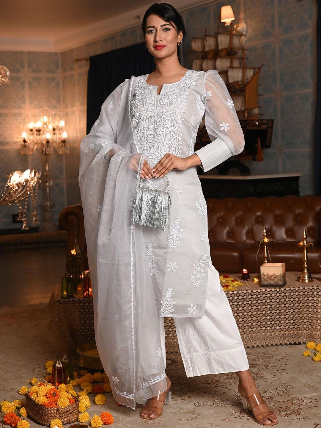 odette floral embroidered chikankari puffed sleeves straight kurta & palazzos with dupatta