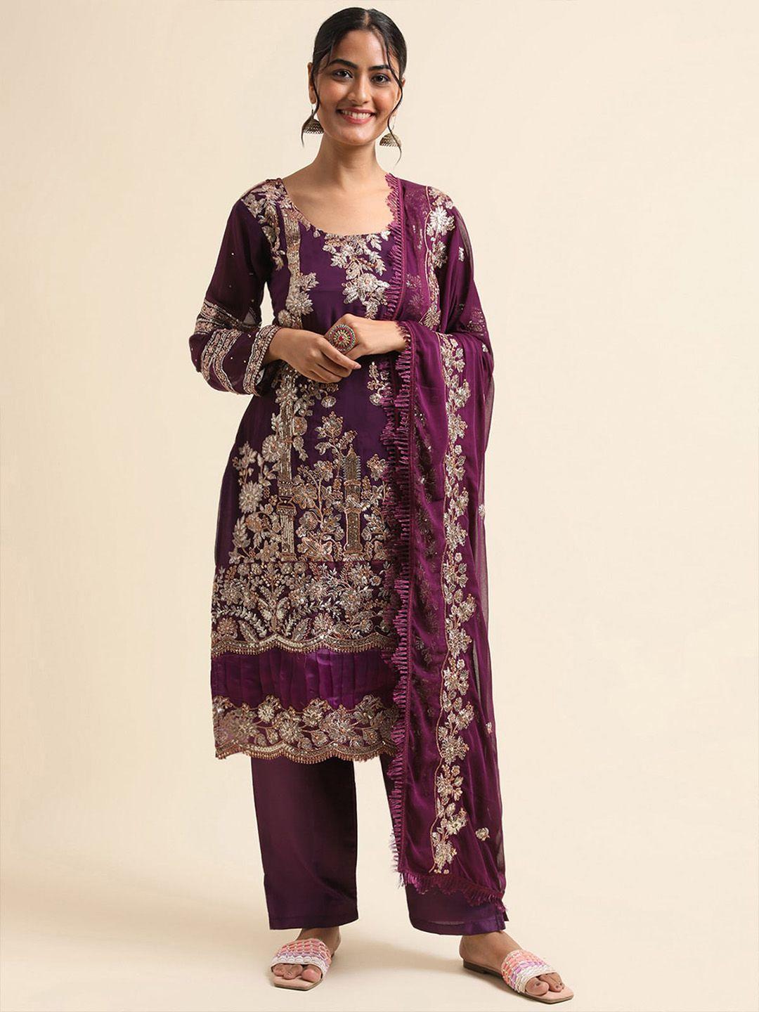 odette floral embroidered round neck sequinned regular kurta with trousers & dupatta