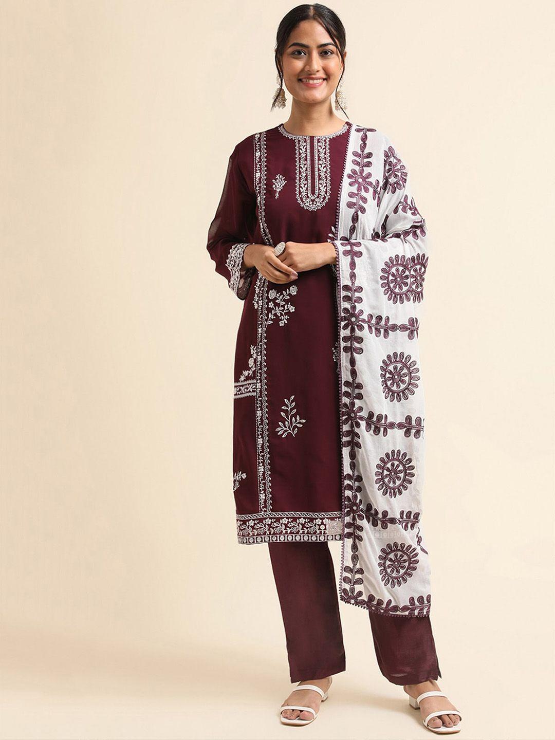 odette floral embroidered thread work kurta & trousers with dupatta