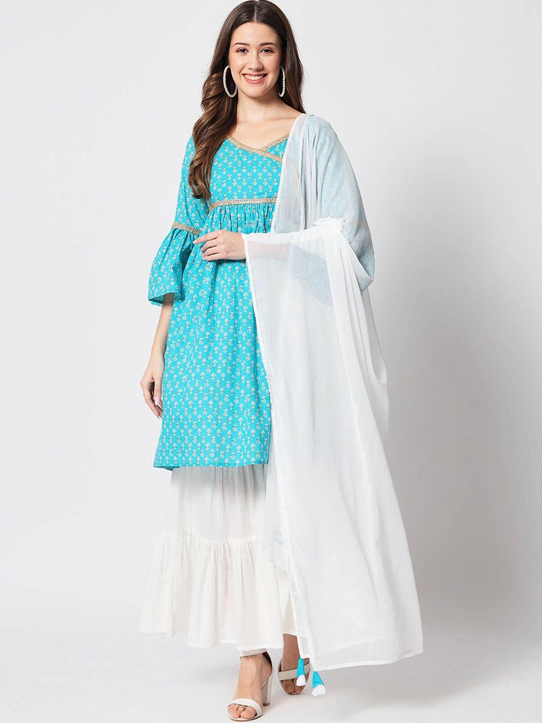 odette floral printed angrakha kurta with sharara & dupatta