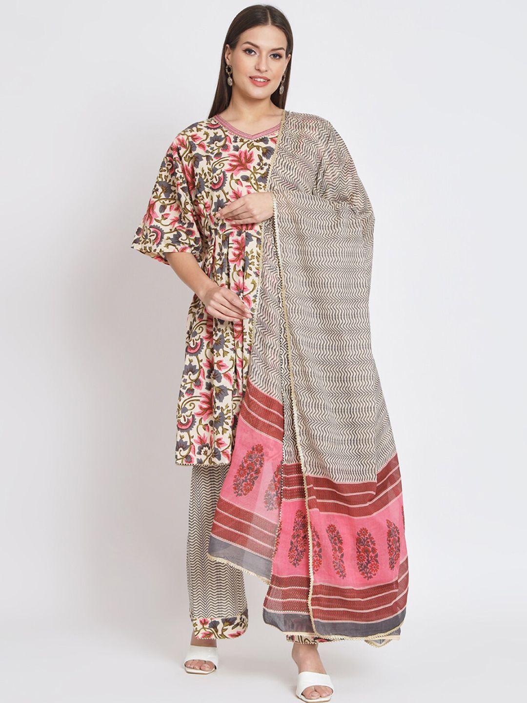 odette floral printed v-neck pleated gotta patti a-line kurta & palazzos with dupatta