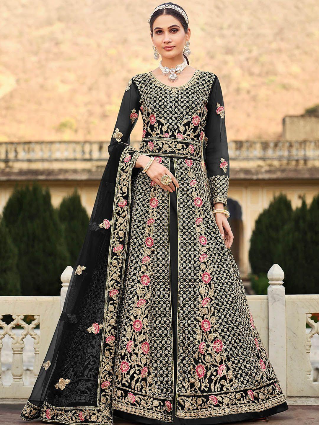 odette floral zari embroidered semi-stitched a-line kurta with trousers & dupatta