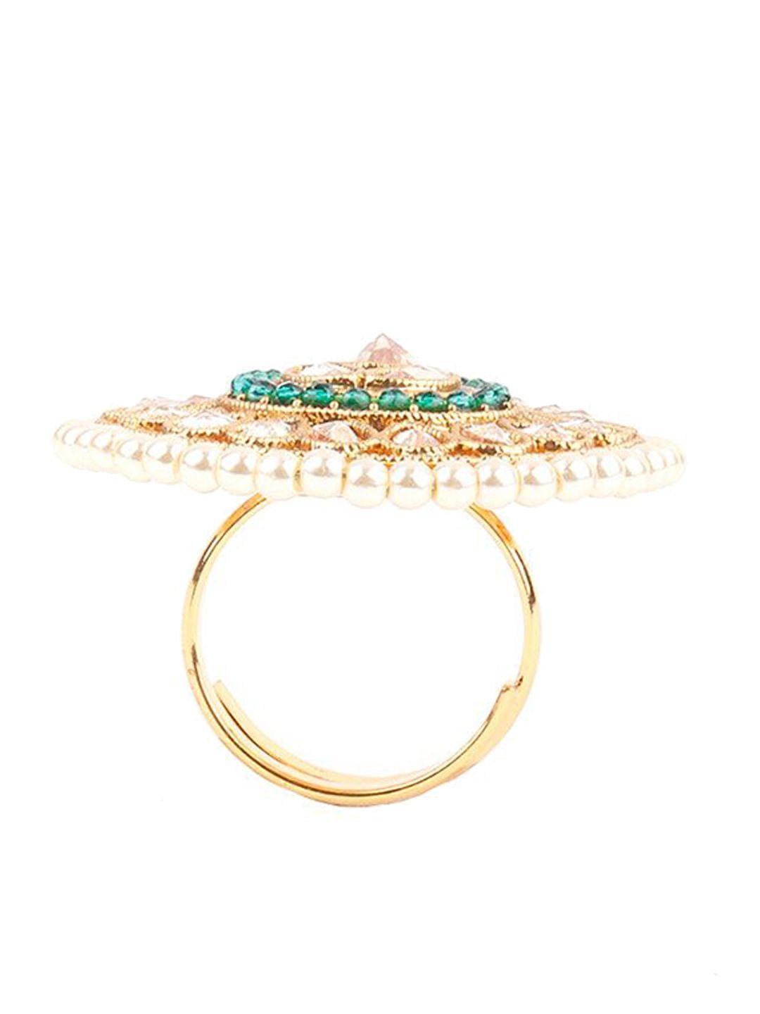 odette gold-plated kundan studded & pearls beaded adjustable finger ring