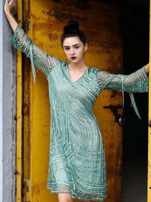 odette green embellished a-line dress