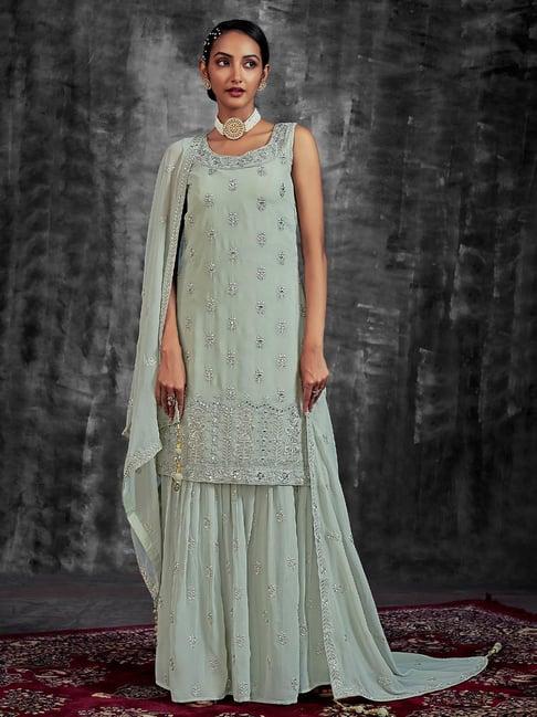 odette green embroidered kurti sharara set with dupatta