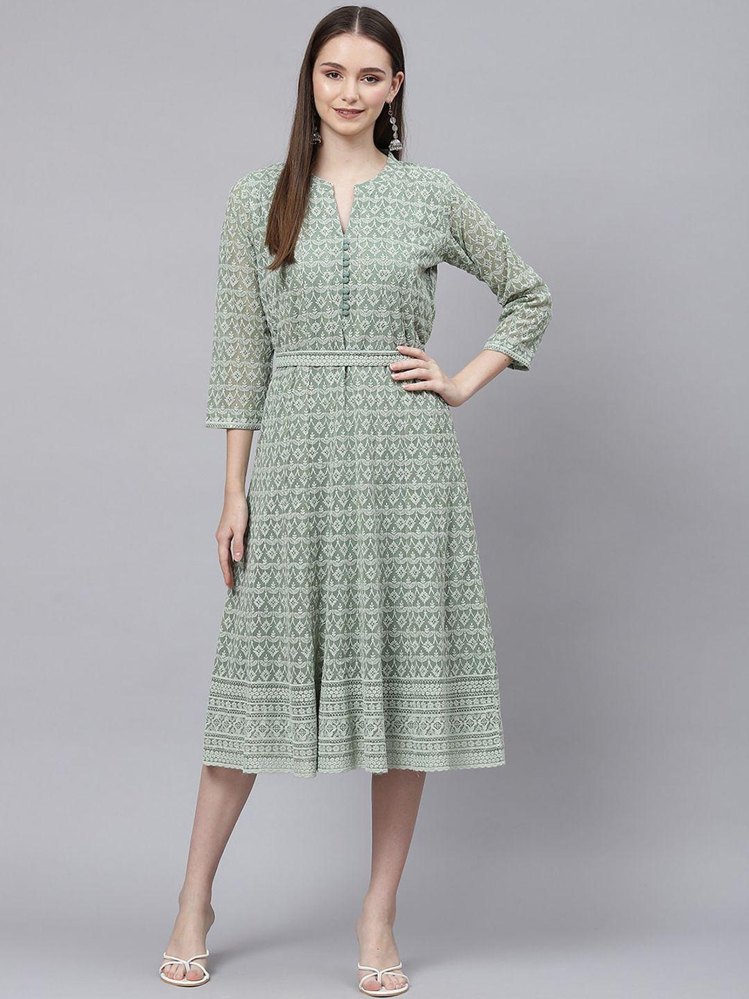 odette green ethnic motifs print georgette a-line midi dress