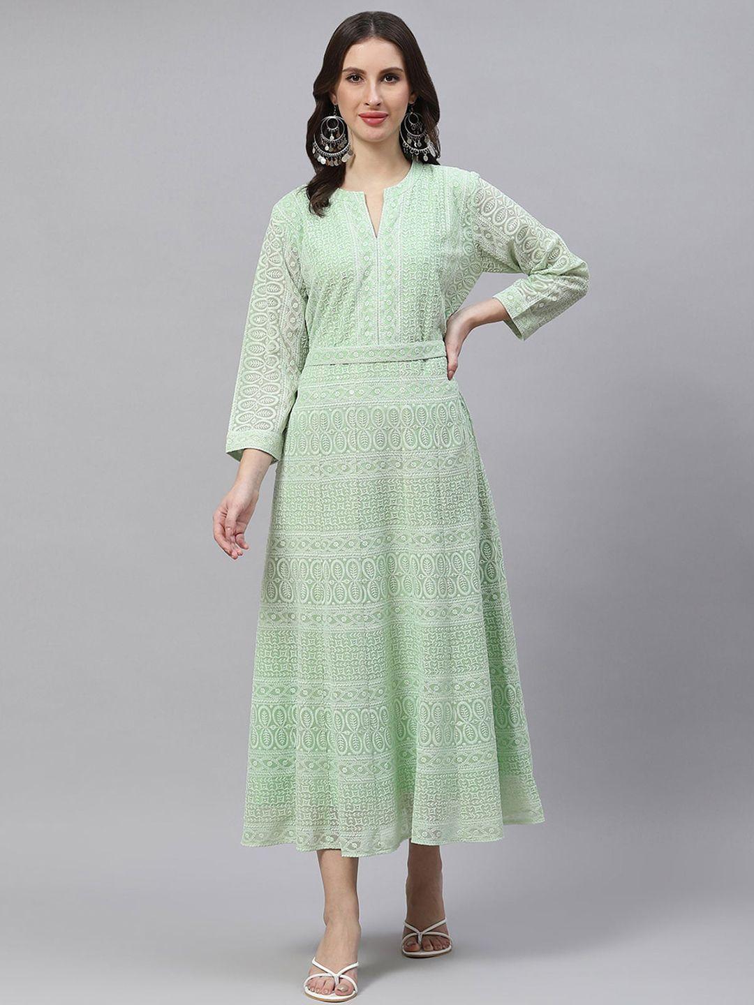 odette green ethnic motifs print keyhole neck georgette fit & flare midi dress