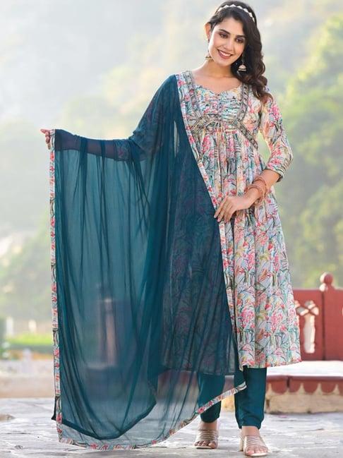 odette green floral print kurta pant set with dupatta