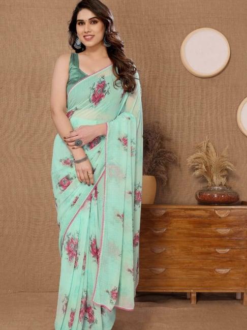 odette green floral print saree with unstitched blouse