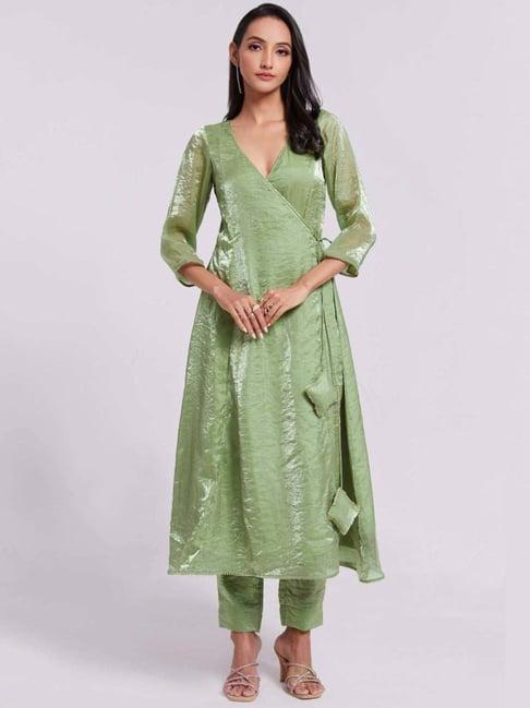 odette green plain kurta pant set