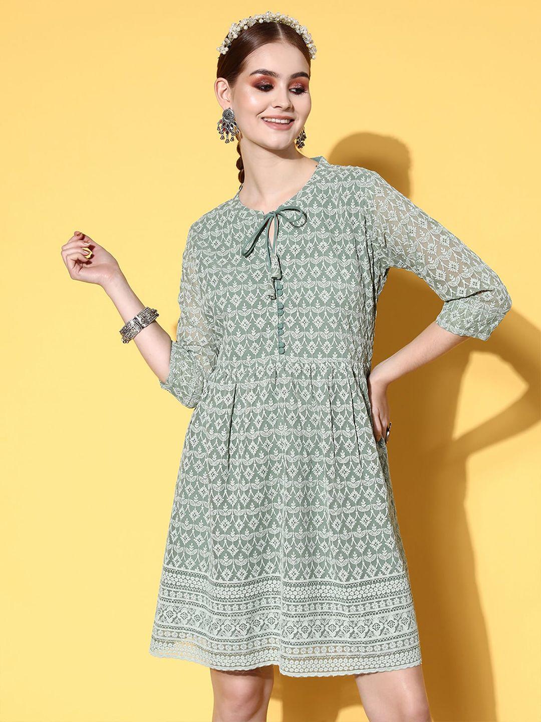 odette green print tie-up neck bell sleeve georgette a-line dress