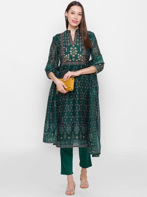 odette green printed kurta pant set with dupatta