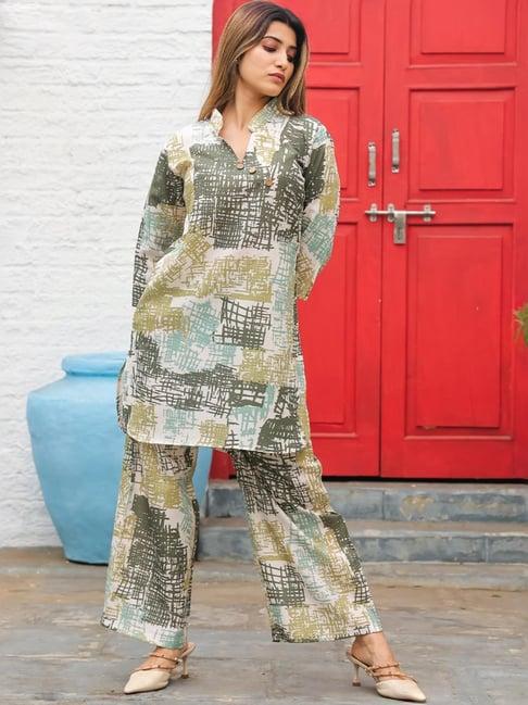 odette green printed kurti palazzo set