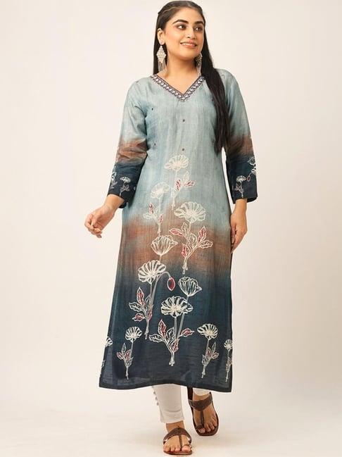 odette grey & blue linen floral print straight kurta