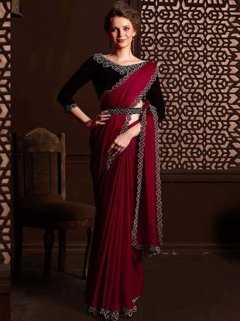 odette maroon embellished saree with unstitched blouse