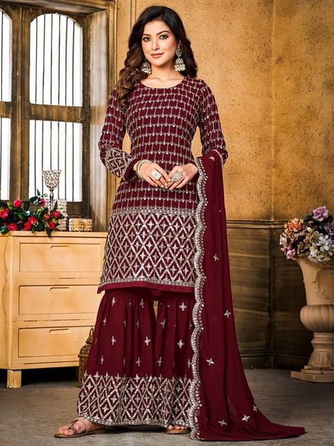 odette maroon embroidered unstitched dress material