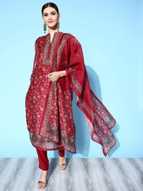 odette maroon floral print kurta pant set with dupatta