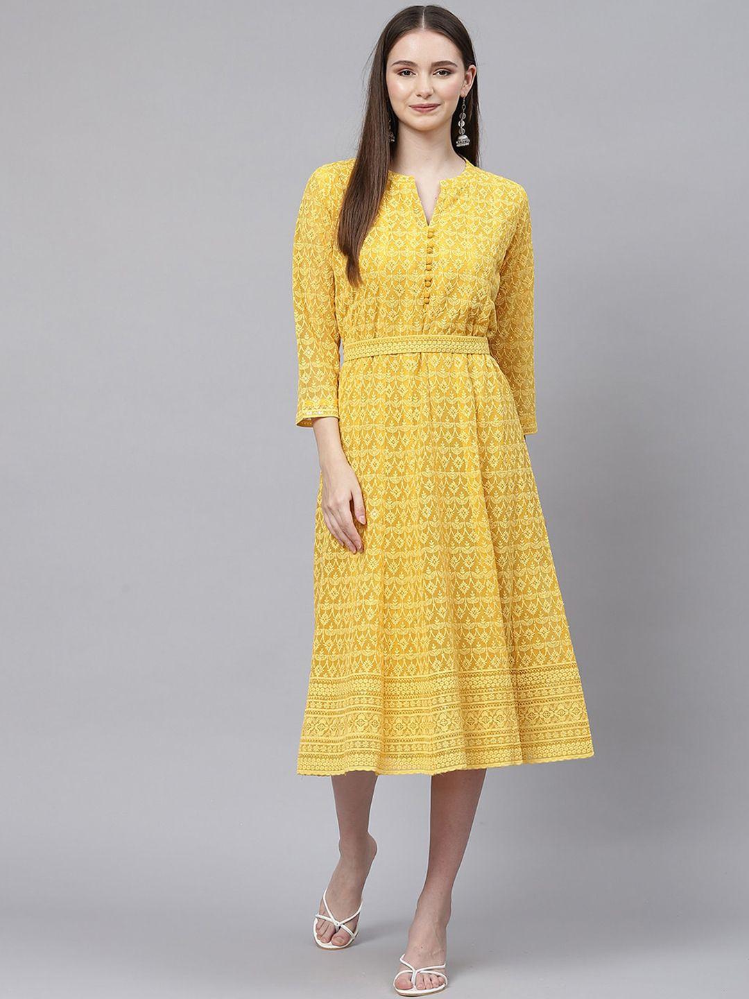 odette mustard yellow print georgette a-line midi dress