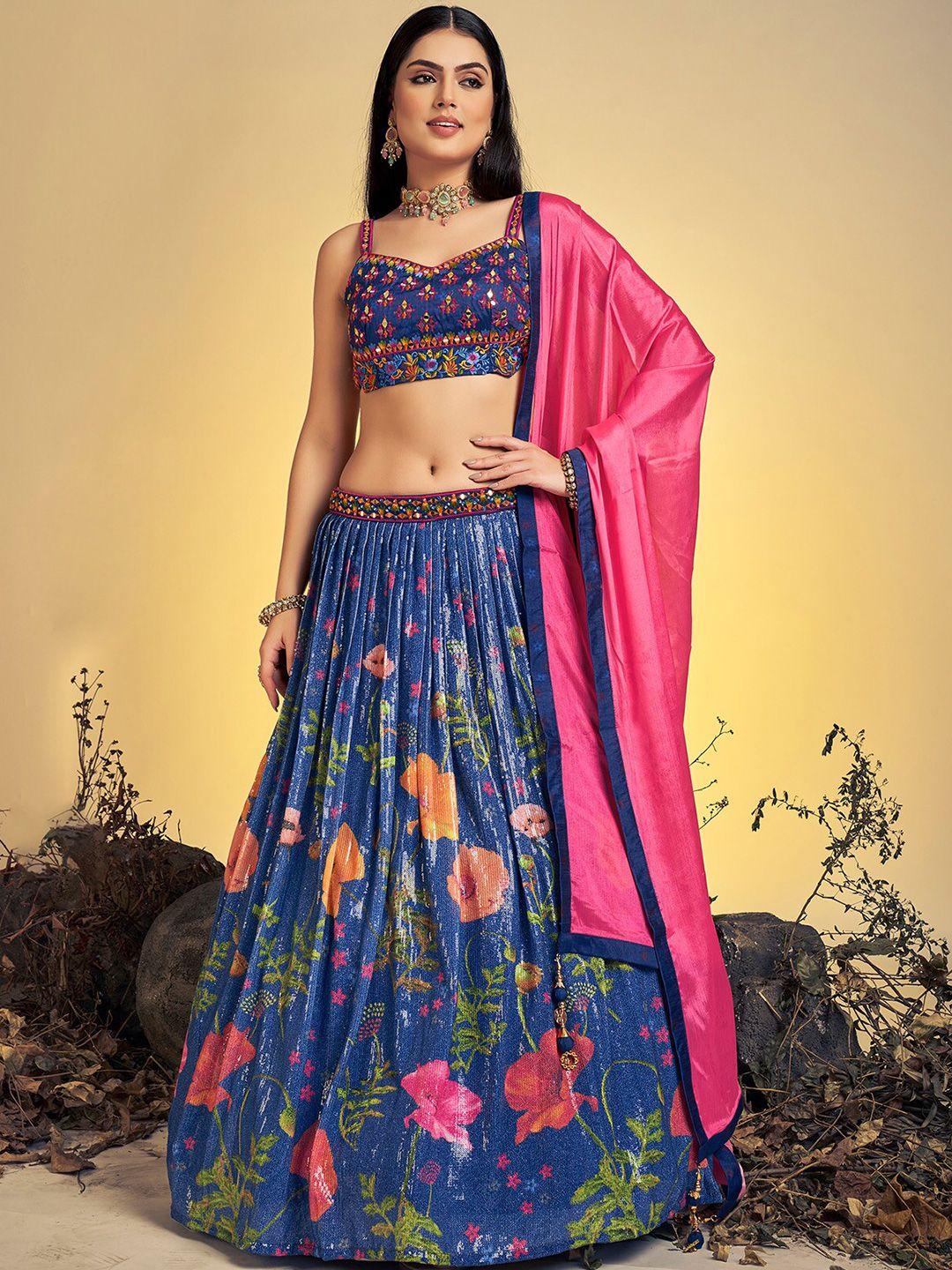 odette navy blue & orange embellished thread work ready to wear lehenga & blouse with dupatta