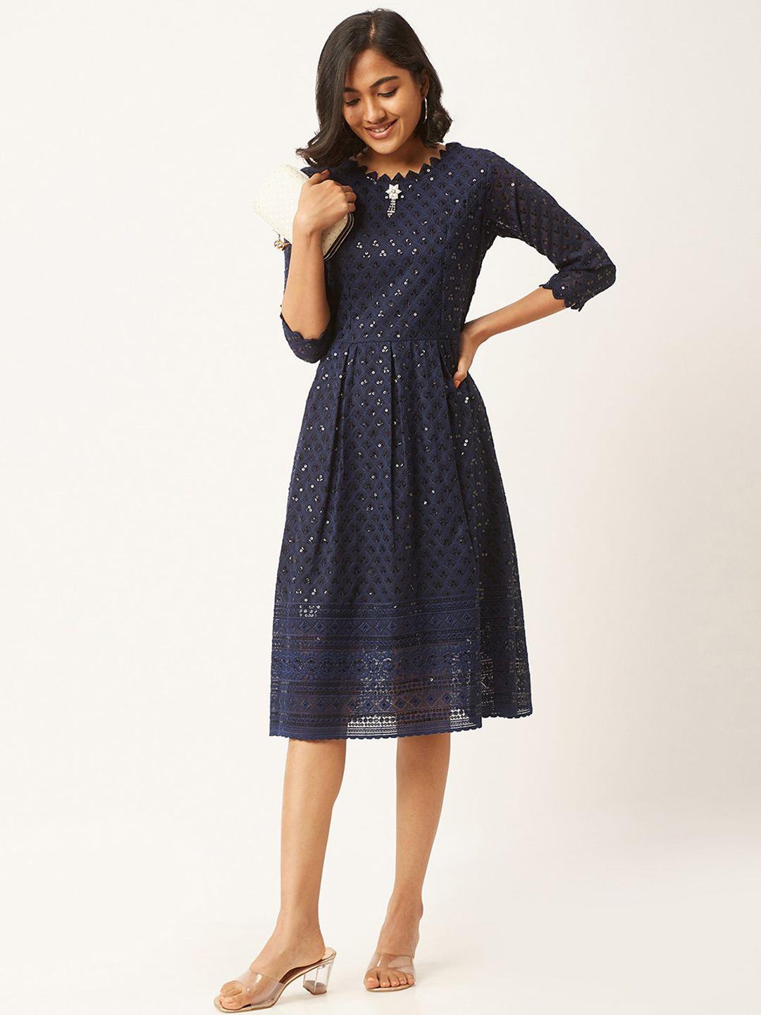 odette navy blue keyhole neck georgette fit & flare dress