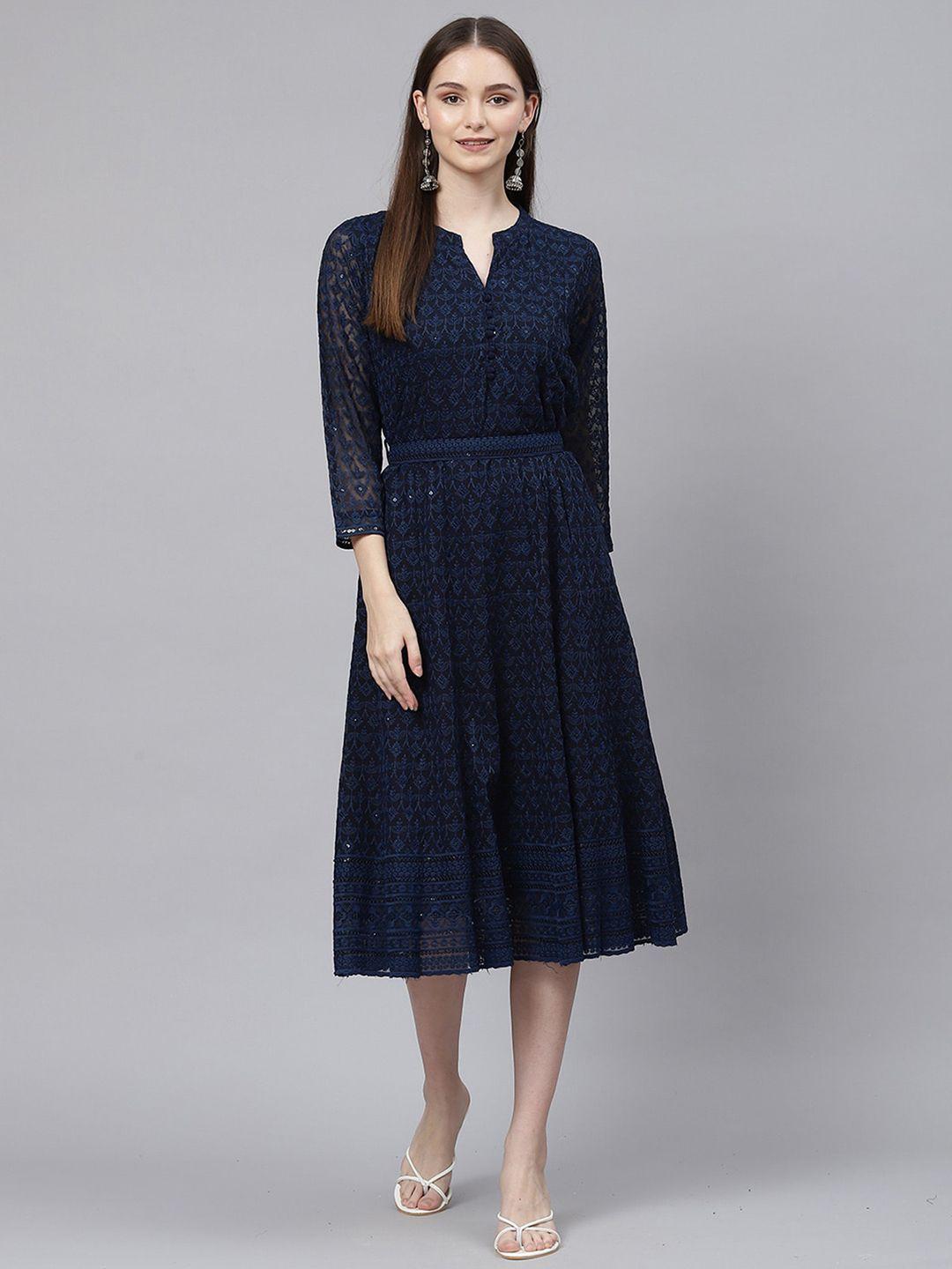 odette navy blue print keyhole neck georgette fit & flare midi dress