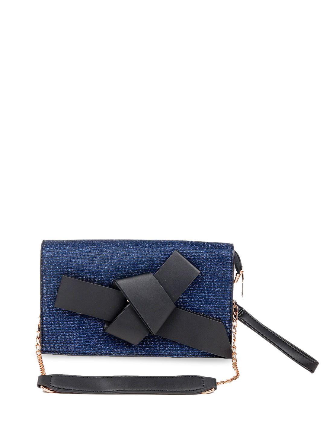 odette navy blue printed structured sling bag with bow detail