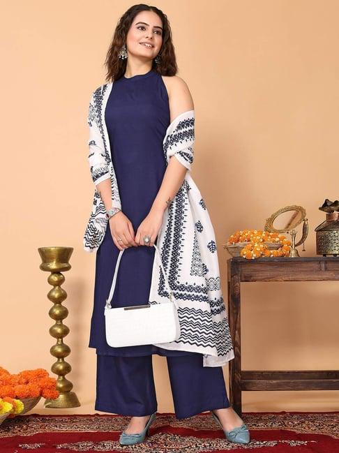 odette navy regular fit kurta palazzo set with dupatta