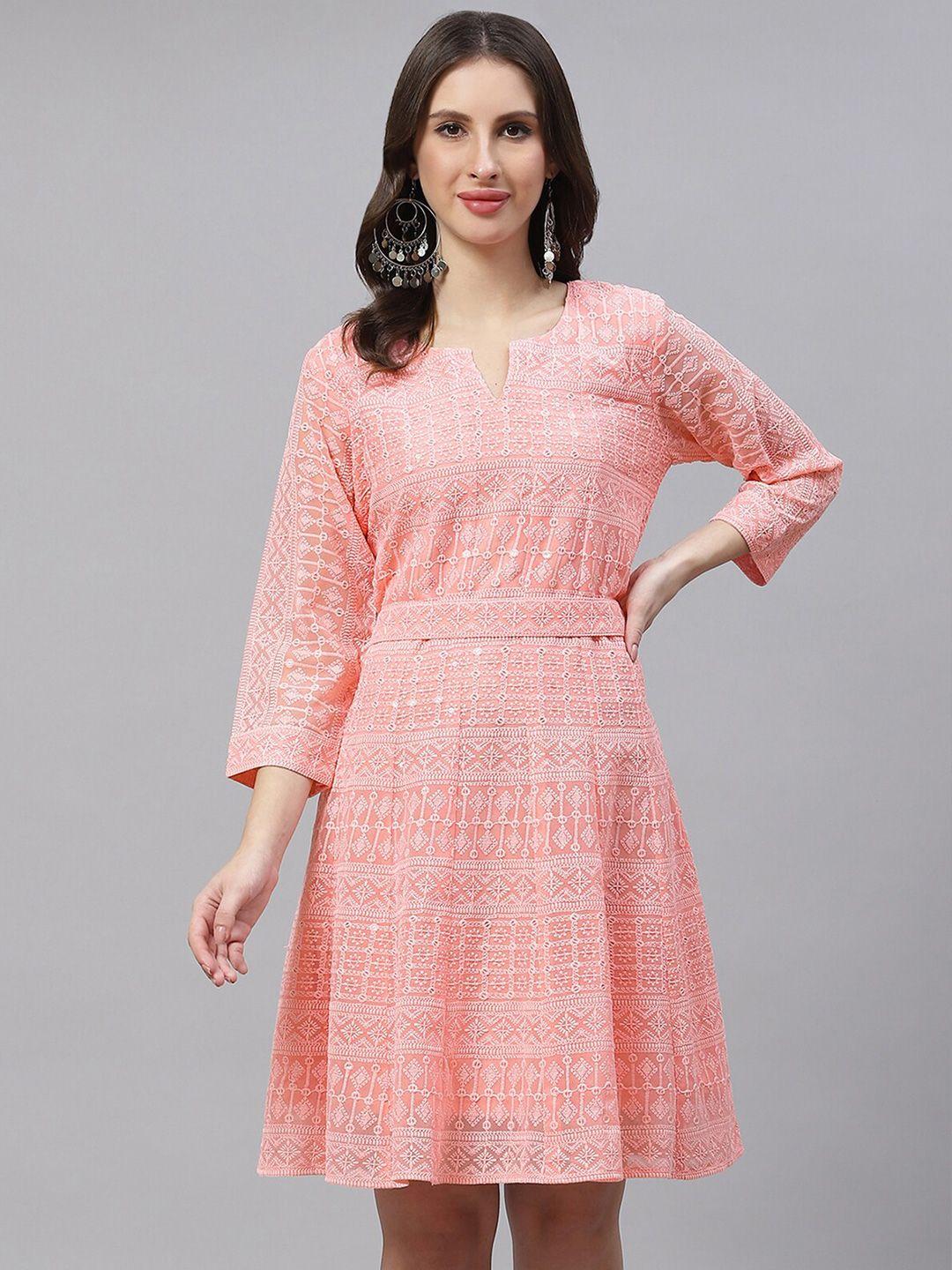 odette peach-coloured checked georgette fit & flare dress