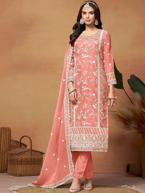 odette peach embroidered semi stitched kurta set