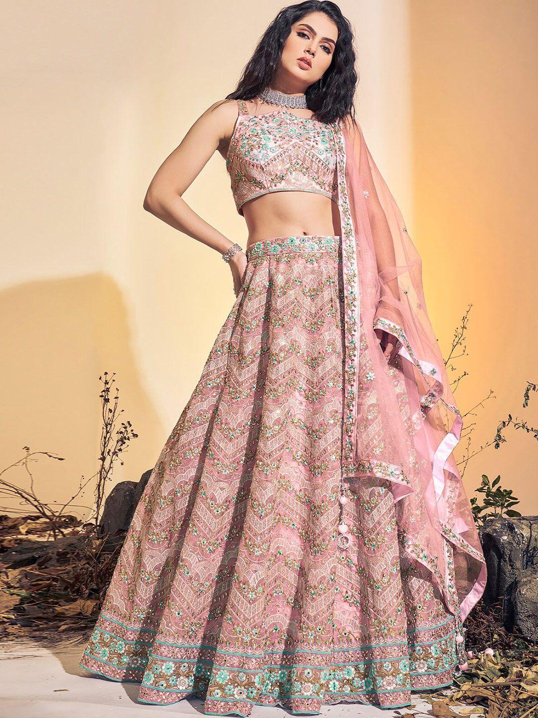 odette pink & blue embroidered beads and stones ready to wear lehenga & blouse with dupatta