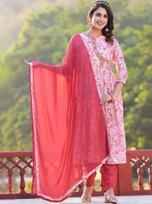 odette pink floral print kurta pant set with dupatta